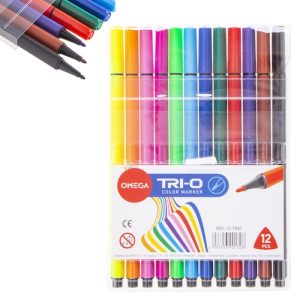 CAJÓN CON 144 ESTUCHES DE MARCADORES OMEGA TRI-O TRAZO FINO