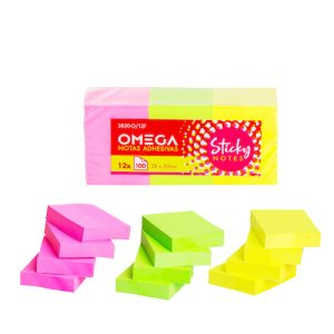 PACK CON 12 BLOCS DE NOTAS AUTOADHESIVAS REMOVIBLES OMEGA, 38 X 50 MM, 3 COLORES FLÚO