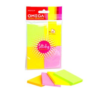 PACK CON 4 BLOCS DE NOTAS AUTOADHESIVAS REMOVIBLES OMEGA, 38 X 50 MM, 4 COLORES FLÚO
