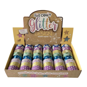 WASHI TAPE IBI CRAFT, 15MMx4MTS., CAJA EXH. x 48 UN., 8 COL. "GLITTER DESIGN" BRILLANTINA
