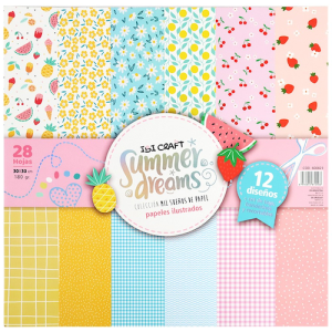 BLOC CON 28 HOJAS DE PAPELES ILUSTRADOS IBI CRAFT, 30x30CMS,180GRS,12 DISEÑOS, SERIE "SUMMER DREAMS"