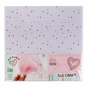 SOBRE C/2 HOJAS DE ACETATO ILUSTRADO IBI CRAFT, 30x30CMS, 0,30MM, DISEÑO "CORAZONES&PUNTOS"