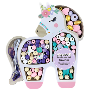 SET DE CUENTAS DE MADERA P/COLLARES IBI CRAFT, DISEÑO "UNICORN", 170 PIEZAS, 8 COLORES, 3 CORDONES.