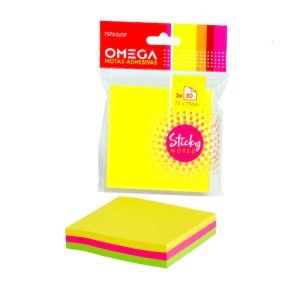 PACK CON 3 BLOCS DE NOTAS AUTOADHESIVAS REMOVIBLES OMEGA, 75 X 75 MM, 3 COLORES FLÚO