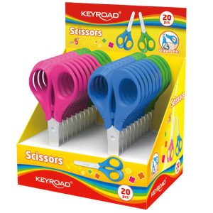 EXHIBIDOR CON 20 TIJERAS ESCOLARES, 13 cm, ERGONÓMICAS, PUNTA REDONDA KEYROAD