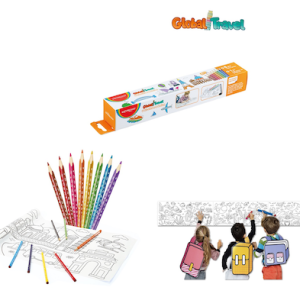 JUEGO DE 8 LÁPICES DE COLORES Y MURAL ADHESIVO COLOREABLE KEYROAD; DISEÑO "GLOBAL TRAVEL"