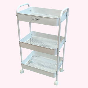 ORGANIZADOR METÁLICO VERTICAL CON 3 BANDEJAS Y RUEDAS IBI CRAFT, BLANCO PASTEL