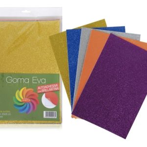 PAQUETE CON 5 HOJAS SURTIDAS DE GOMA EVA AUTOADHESIVAS CON BRILLANTINA