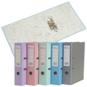 CAJA DE 50 BIBLIORATOS DE COLORES PASTEL OMEGA, FORRADOS, A4.