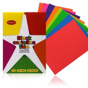 BLOC C/20 HOJAS DE CARTULINA COLORES FLÚO A4, 210 GRS., SURTIDAS