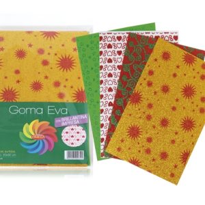 PAQUETE CON 8 HOJAS SURTIDAS DE GOMA EVA CON BRILLANTINA IMPRESA