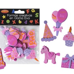 BOLSA C/12 FORMAS AUTOADHESIVAS DE GOMA EVA OMEGA 1ER CUMPLE ROSA