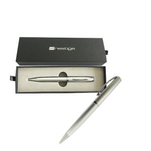 BOLÍGRAFO PRESTIGE, CUERPO PLATEADO, PUNTA C/TAPA EN ESTUCHE