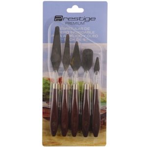 SET DE 5 ESPÁTULAS ARTÍSTICAS PRESTIGE "PREMIUM", MANGO DE MADERA, HOJAS DE ACERO INOXIDABLE