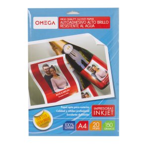 PAPEL AUTOADHESIVO OMEGA BRILLANTE A4 PARA IMPRESIÓN INKJET, SOBRE DE 20 HOJAS