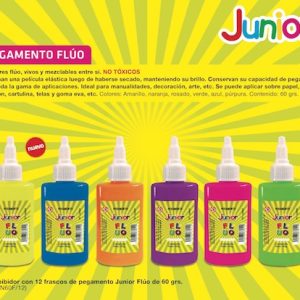 EXHIBIDOR CON 12 UNIDADES DE COLA VINILICA JUNIOR FLÚO DE 60 GR.