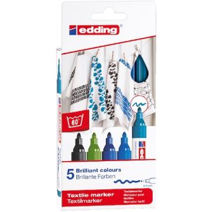 CAJA CON 5 MARCADORES EDDING PARA TELA. COLORES FRÍOS