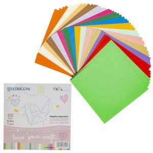 SOBRE CON 60 HOJAS DE PAPEL ESPECIAL FEDRIGONI - COOR PLUS PARA ORIGAMI, 16x16 CMS, 80 GRS.