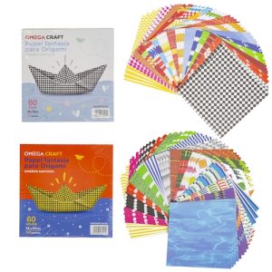 SOBRE CON 60 HOJAS DE PAPEL FANTASÍA OMEGA CRAFT PARA ORIGAMI, 14x14 CMS, 140 GRS.
