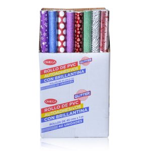 EXHIBIDOR C/40 ROLLOS AUTOADHESIVOS C/BRILLANTINA OMEGA. 45 CM X 1 MT. C/U
