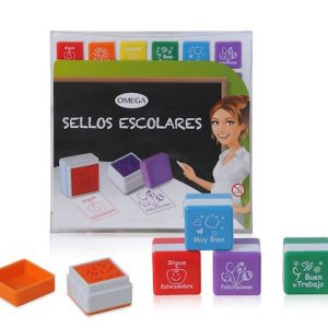 EXHIBIDOR CON 36 SELLOS ESCOLARES AUTOENTINTADOS